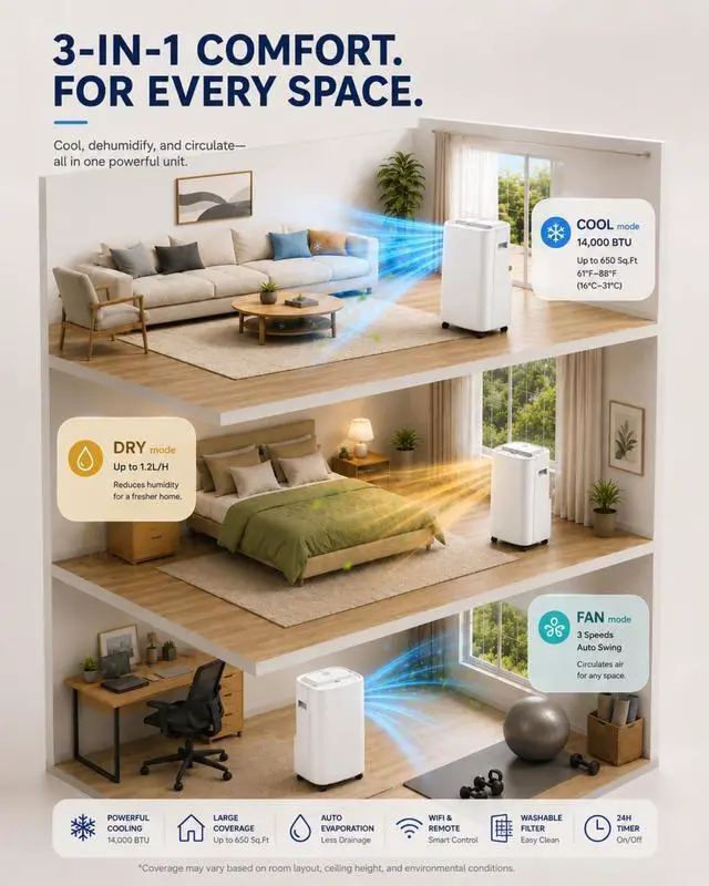 Alt view image 3 of 7 - Coolblus Portable Air Conditioners 14000 BTU, 4 in 1 Portable AC Unit with Cool/Dehumidify/Fan,Wi-Fi Smart Quiet AC Cool Up to 650 Sq.Ft, Remote Control, Auto Swing, White-14000BTU-WIFI