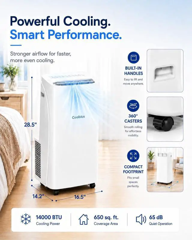 Alt view image 6 of 7 - Coolblus Portable Air Conditioners 14000 BTU, 4 in 1 Portable AC Unit with Cool/Dehumidify/Fan,Wi-Fi Smart Quiet AC Cool Up to 650 Sq.Ft, Remote Control, Auto Swing, White-14000BTU-WIFI