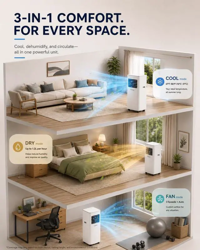 Alt view image 4 of 6 - Coolblus Portable Air Conditioners, 8500 BTU Portable AC Cool Up to 360 Sq.Ft, 3 IN 1 with Remote Control, Sleep Mode, Window Kit, No Wall or Window Installation Needed, White-8500BTU