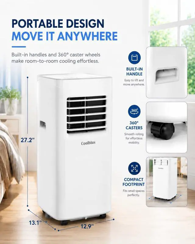 Alt view image 6 of 6 - Coolblus Portable Air Conditioners, 8500 BTU Portable AC Cool Up to 360 Sq.Ft, 3 IN 1 with Remote Control, Sleep Mode, Window Kit, No Wall or Window Installation Needed, White-8500BTU