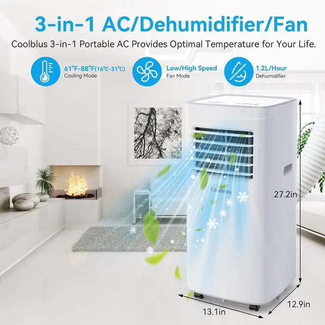 Alt view image 4 of 7 - Coolblus 10000 BTU Portable Air Conditioners Cool Up to 450 Sq.Ft, 3-IN-1 Portable AC Unit with Remote Control/LED Display/Installation Kits & Screwdriver/24Hrs Timer for Home/Office, White-10000BTU