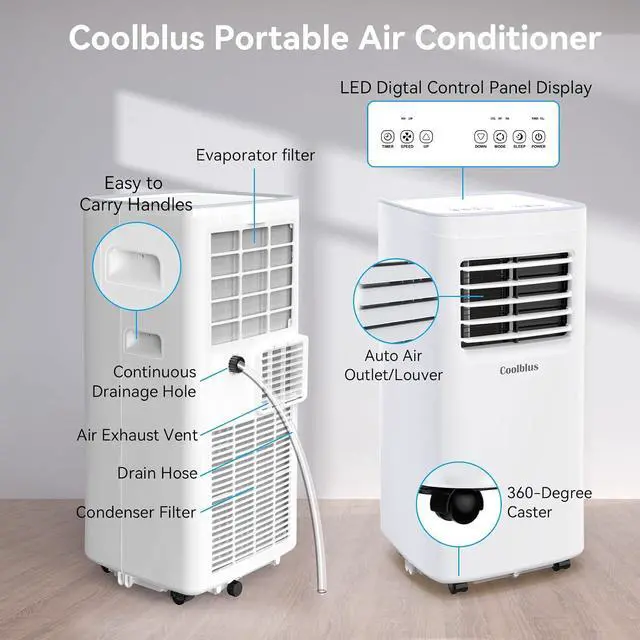 Alt view image 5 of 7 - Coolblus 10000 BTU Portable Air Conditioners Cool Up to 450 Sq.Ft, 3-IN-1 Portable AC Unit with Remote Control/LED Display/Installation Kits & Screwdriver/24Hrs Timer for Home/Office, White-10000BTU