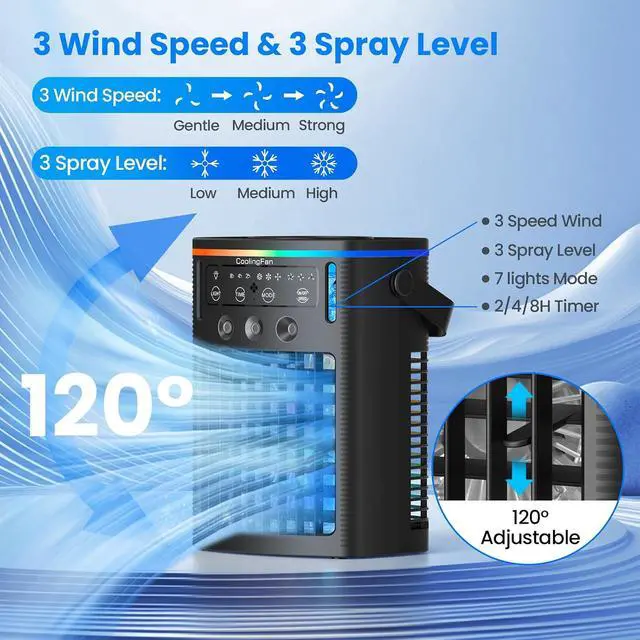 Alt view image 3 of 7 - Portable Air Conditioners, Small Air Conditioner Portable with Remote, 3 Speeds & 3 Mist Modes & Timer Mini Evaporative Air Cooler, Personal Cooling Misting Fan for Bedroom Office Room Desk, Black