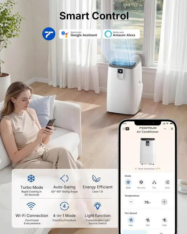 Alt view image 6 of 7 - 14,000 BTU Portable Air Conditioner Whisper-Quiet 41dB Cooling for Large Rooms, Apartments & Home Offices Up to 750 Sq.Ft, Dual Motor 4-in-1 Smart AC with WiFi, App & Voice Control