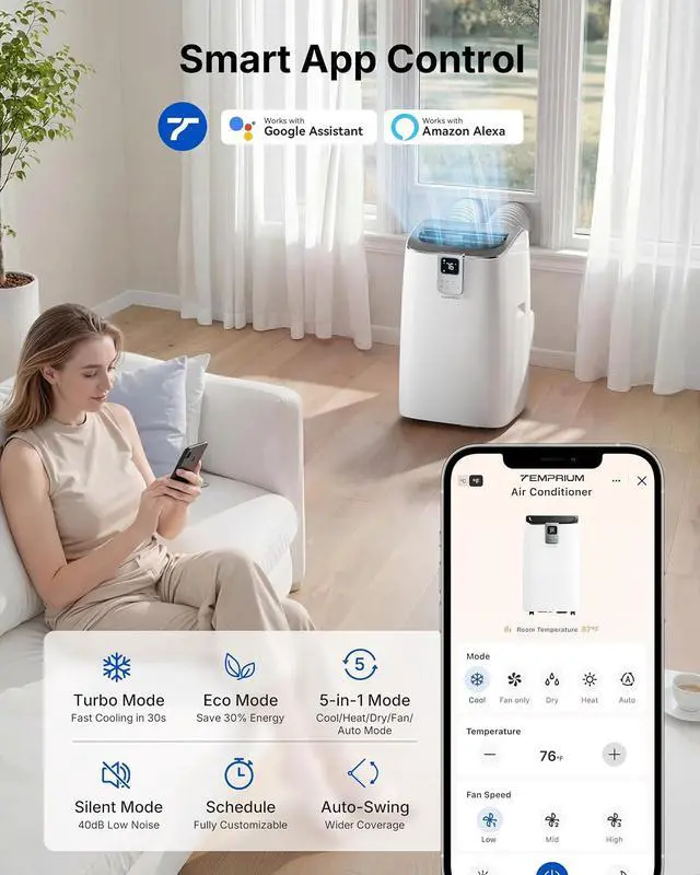 Alt view image 5 of 7 - Smart Inverter Portable Air Conditioners, 16,000 BTU Dual Hose Portable AC Unit with Drainage-free Cooling, Ultral Quiet Air Conditioner for Bedroom with 40dB, APP/Voice Control/Energy Saving