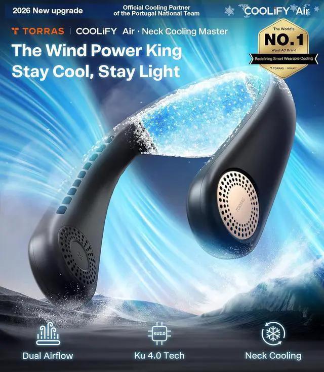 Alt view image 7 of 7 - TORRAS COOLiFY Air 2026 Upgraded Neck Fan Air Conditioner, Dual-Airflow Pro Cooling, Ultra Light Portable Fan Rechargeable, Personal Cooling Fan Travel Essentials, Gift for Dad Husband Father, Black