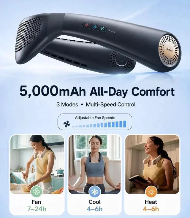 Alt view image 4 of 7 - TORRAS COOLiFY Air 2026 Upgraded Neck Fan Air Conditioner, Dual-Airflow Pro Cooling, Ultra Light Portable Fan Rechargeable, Personal Cooling Fan Travel Essentials, Gift for Dad Husband Father, Black