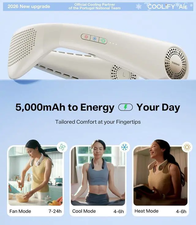 Alt view image 5 of 7 - TORRAS COOLiFY Air 2026 Upgraded Neck Fan Air Conditioner, Dual-Airflow Pro Cooling, Ultra Light Portable Fan Rechargeable, Personal Cooling Fan Travel Essentials, Gift for Dad Father,Ivory White