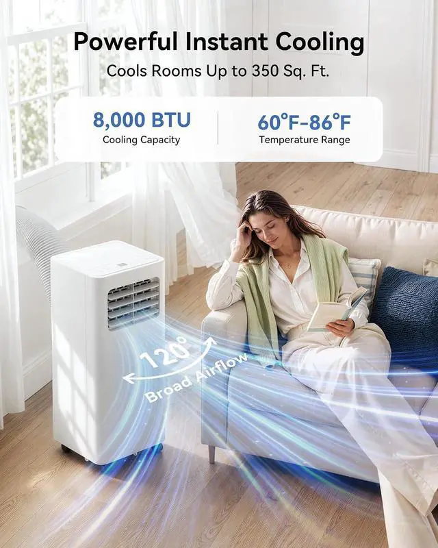 Alt view image 5 of 7 - Feelfunn 8000 BTU Portable Air Conditioner, 3-in-1 Cools 350 Sq.Ft, Quiet AC with Fan & Dehumidifier, LED Display, Remote, 24H Timer, Window Kit, for Bedroom/Office/Dorms