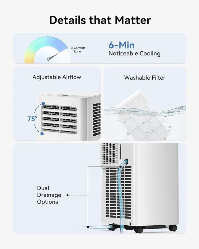Alt view image 6 of 7 - Feelfunn 8000 BTU Portable Air Conditioner, 3-in-1 Cools 350 Sq.Ft, Quiet AC with Fan & Dehumidifier, LED Display, Remote, 24H Timer, Window Kit, for Bedroom/Office/Dorms