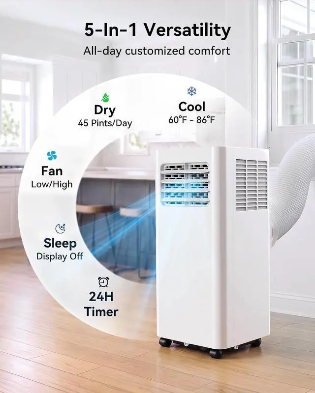 Alt view image 3 of 7 - Feelfunn 8000 BTU Portable Air Conditioner, 3-in-1 Cools 350 Sq.Ft, Quiet AC with Fan & Dehumidifier, LED Display, Remote, 24H Timer, Window Kit, for Bedroom/Office/Dorms