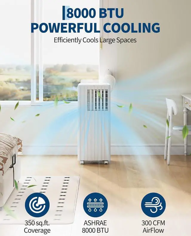Alt view image 2 of 7 - Garvee 8000 BTU Portable Air Conditioner, 3-in-1 Cooling, Dehumidifying & Fan for Rooms Up to 350 Sq. Ft | Quiet Sleep Mode | Energy-Saving 24-Hr Timer | AC Unit w/Remote & Full Window Kit, White