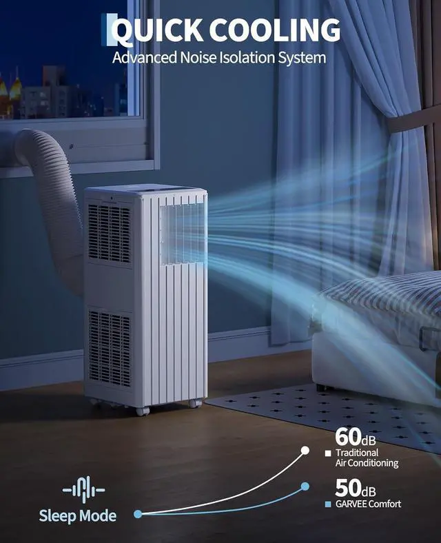 Alt view image 3 of 7 - Garvee 8000 BTU Portable Air Conditioner, 3-in-1 Cooling, Dehumidifying & Fan for Rooms Up to 350 Sq. Ft | Quiet Sleep Mode | Energy-Saving 24-Hr Timer | AC Unit w/Remote & Full Window Kit, White