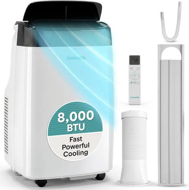 Main image of SereneLife Portable Air Conditioner, With Dual Motor, Dehumidifier & Fan | 8,000 BTU AC With Temperature Ranges 64°F90°F | Fast Powerful Cooling | 3 Fan Speeds, Remote Control, & Window Exhaust Kit
