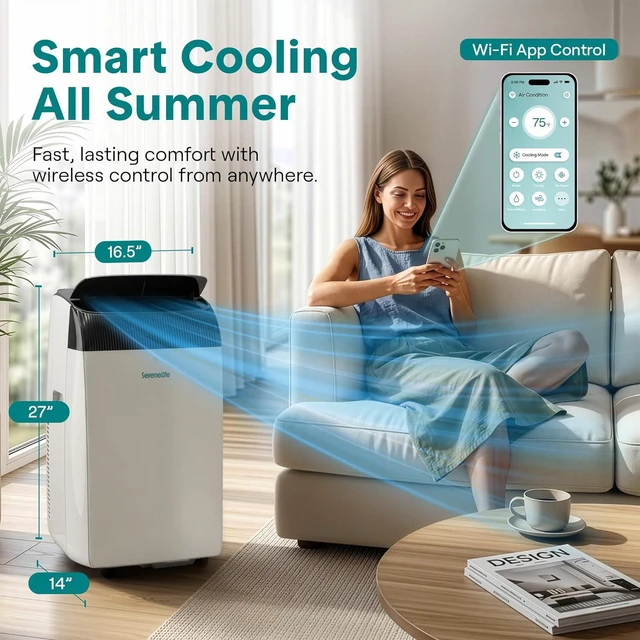 Alt view image 6 of 7 - SereneLife 14,000 BTU Portable Air Conditioner with Dehumidifier & Fan | Wi-Fi Enabled Portable AC Unit for Rooms up to 650 Sq Ft | Compact Standing Air Conditioner with Window Kit (Gray)