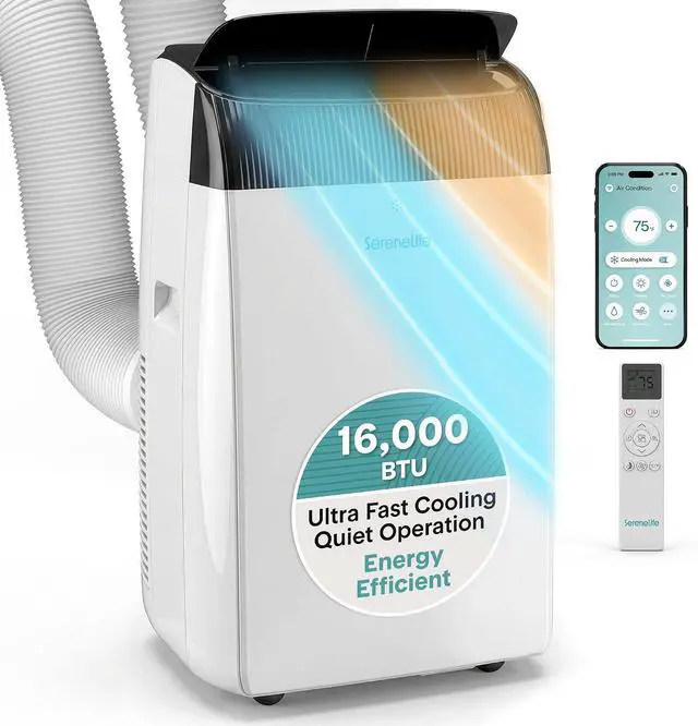 Main image of SereneLife 16,000 BTU Inverter Portable Air Conditioner with Dehumidifier, Heat, & Fan | Dual Hose, Wi-Fi Enabled Portable AC Unit | Compact Standing Air Conditioner with Window Kit