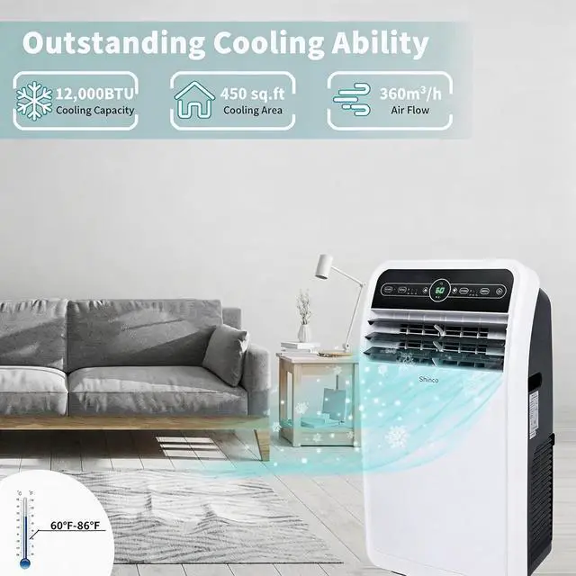 Alt view image 6 of 7 - Shinco 7500 BTU DoE/12,000 BTU Portable Air Conditioner, Portable AC Unit with Built-in Cool, Dehumidifier&Fan Modes for Room up to 450 sq.ft, with Remote Control, 24 Hour Timer, Installation Kit