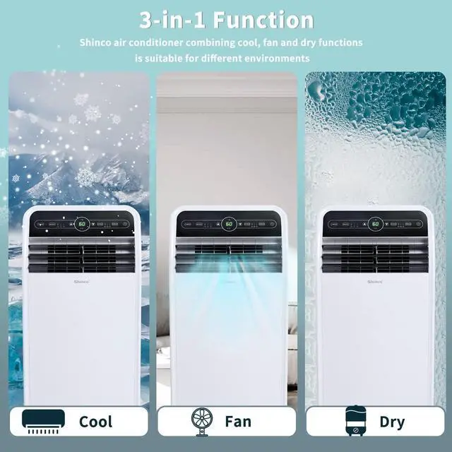 Alt view image 3 of 7 - Shinco 7500 BTU DoE/12,000 BTU Portable Air Conditioner, Portable AC Unit with Built-in Cool, Dehumidifier&Fan Modes for Room up to 450 sq.ft, with Remote Control, 24 Hour Timer, Installation Kit