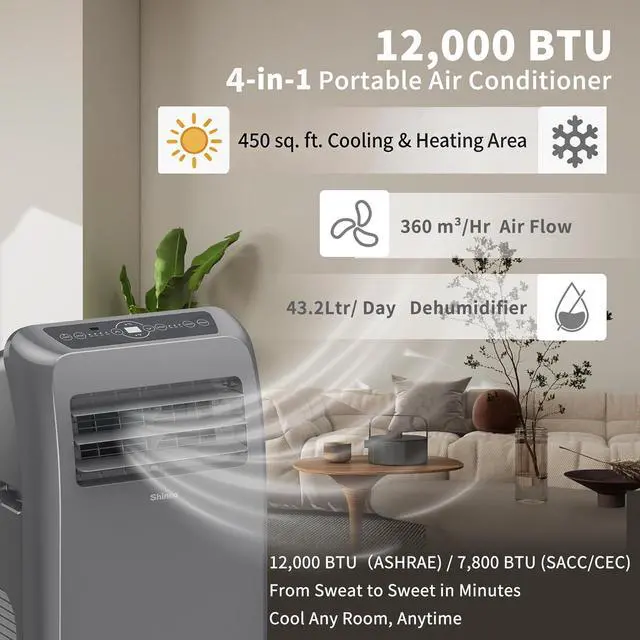 Alt view image 5 of 7 - Shinco 12,000 BTU Grey Portable Air Conditioner with Heater up to 450 Sq. Ft, Ac Heater Combo Window Unit, Portable AC Unit with Dehumidifier & Fan, Cools & Heats,Remote Control and Window Kit