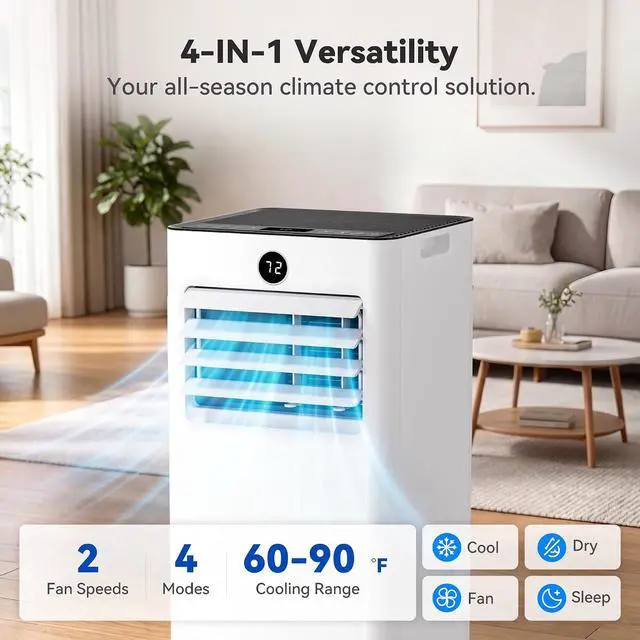 Alt view image 6 of 7 - 10000 BTUs Quiet Portable Air Conditioner, Cools Rooms up to 450 Sq. Ft, 4-in-1: AC/Dehumidifier/Fan/Sleep Mode, 24-Hour Timer, 26-Ft Remote Control, Window Kit Included
