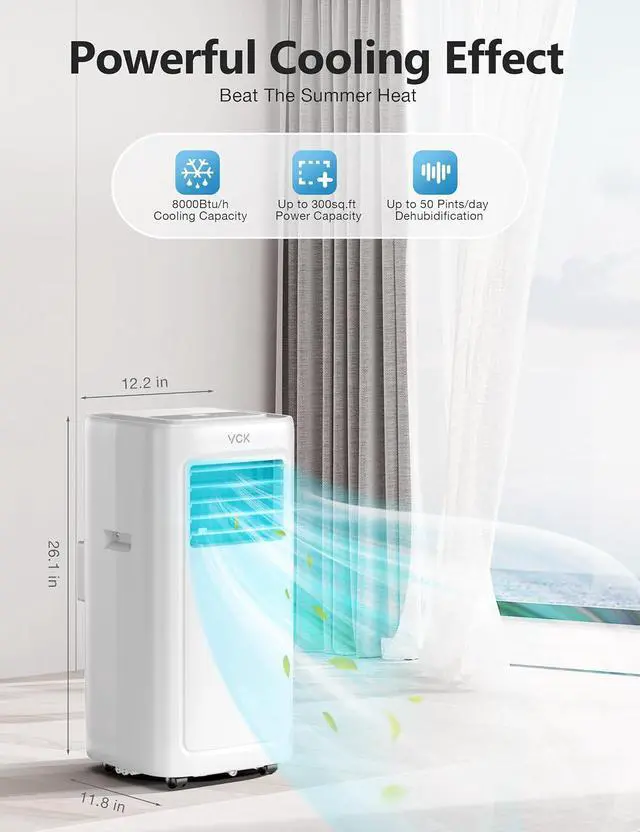 Alt view image 4 of 7 - VCK 42dB Ultra-Quiet 8000 BTU Portable AC Unit - 4-in-1 Air Conditioner with Dehumidifier Mode & Turbo Fan, Cools 350 Sq.Ft Spaces, Smart LED Display, Sleep Function, Includes Window Mount Kit White