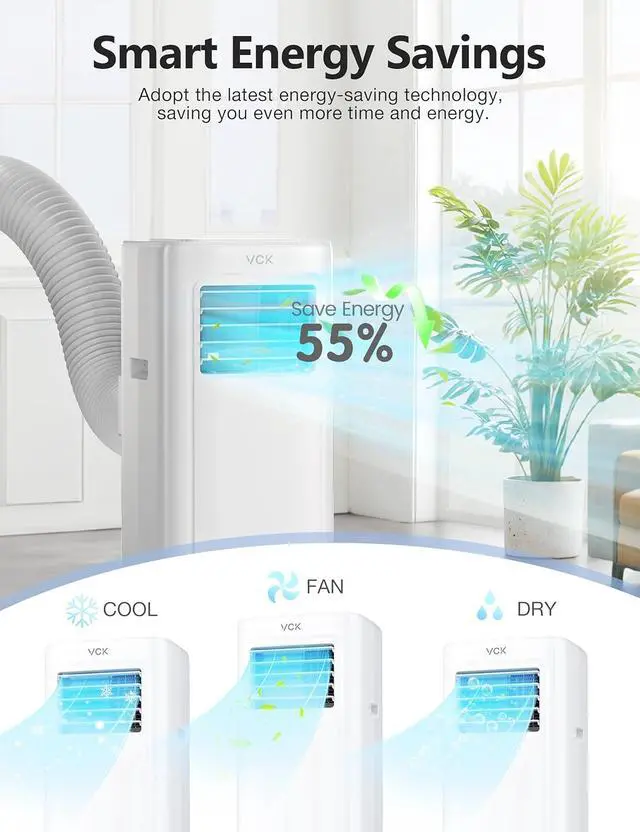 Alt view image 7 of 7 - VCK 42dB Ultra-Quiet 8000 BTU Portable AC Unit - 4-in-1 Air Conditioner with Dehumidifier Mode & Turbo Fan, Cools 350 Sq.Ft Spaces, Smart LED Display, Sleep Function, Includes Window Mount Kit White