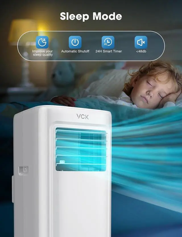 Alt view image 4 of 7 - VCK 42dB Ultra-Quiet 8000 BTU Portable AC Unit - 4-in-1 Air Conditioner with Dehumidifier Mode & Turbo Fan, Cools 350 Sq.Ft Spaces, Smart LED Display, Sleep Function, Includes Window Mount Kit Black