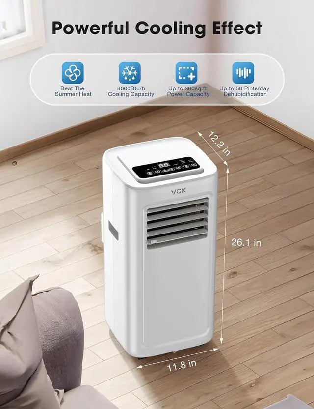 Alt view image 7 of 7 - VCK 42dB Ultra-Quiet 8000 BTU Portable AC Unit - 4-in-1 Air Conditioner with Dehumidifier Mode & Turbo Fan, Cools 350 Sq.Ft Spaces, Smart LED Display, Sleep Function, Includes Window Mount Kit Black