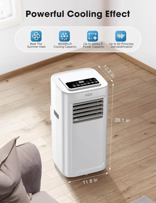 Alt view image 7 of 7 - 8000 BTU Portable Air Conditioner - 4-in-1 AC Unit with Dehumidifier, Fan, and Remote Control, Cools Rooms up to 350 Sq.Ft, 42dB Quiet, 24H Timer, LED Display, Window Kit Included