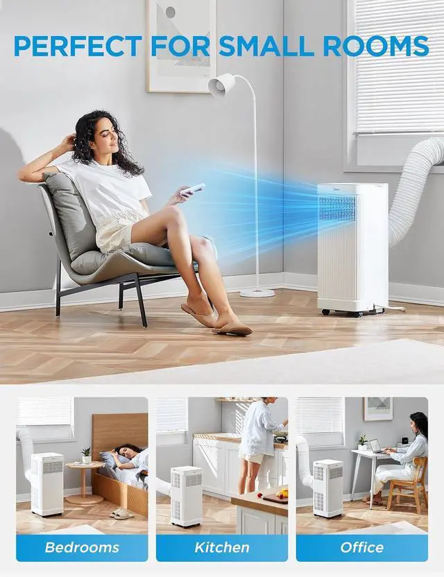 Alt view image 5 of 7 - Midea 9,000 BTU ASHRAE (6,000 BTU DOE/SACC) Portable Air Conditioner, Smart Control, Cools up to 250 Sq. Ft., with Dehumidifier & Fan mode, Remote Control & Window Installation Kit Included
