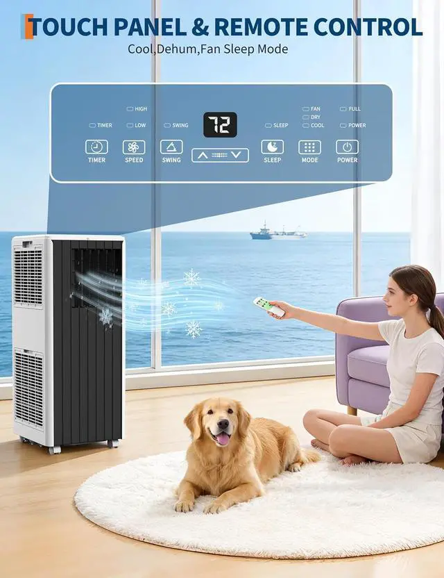 Alt view image 4 of 7 - 8000 BTU Portable Air Conditioner - 3 in-1 AC Unit Cools 350 Sq. Ft Rooms, Quiet 50 dB Operation w/Touch Control & Remote, Includes Window Kit & 24H Timer, Dehumidifier & Fan Modes for Bedroom, Black