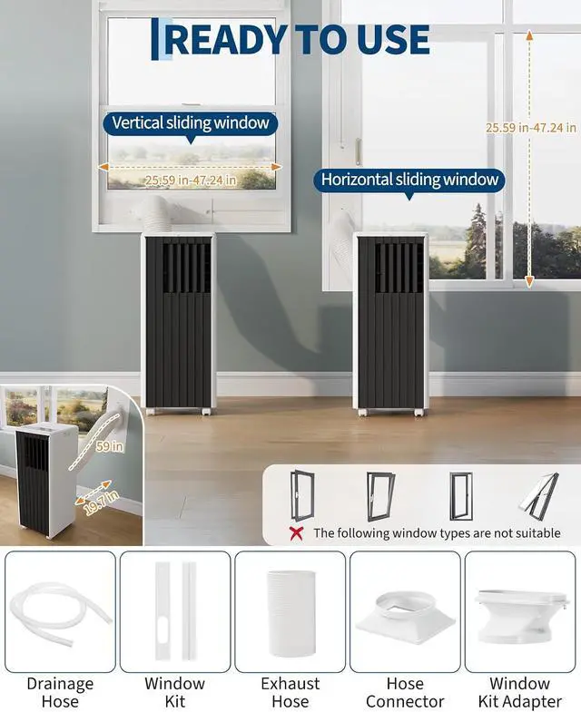 Alt view image 2 of 7 - 8000 BTU Portable Air Conditioner - 3 in-1 AC Unit Cools 350 Sq. Ft Rooms, Quiet 50 dB Operation w/Touch Control & Remote, Includes Window Kit & 24H Timer, Dehumidifier & Fan Modes for Bedroom, Black