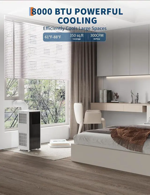 Alt view image 3 of 7 - 8000 BTU Portable Air Conditioner - 3 in-1 AC Unit Cools 350 Sq. Ft Rooms, Quiet 50 dB Operation w/Touch Control & Remote, Includes Window Kit & 24H Timer, Dehumidifier & Fan Modes for Bedroom, Black