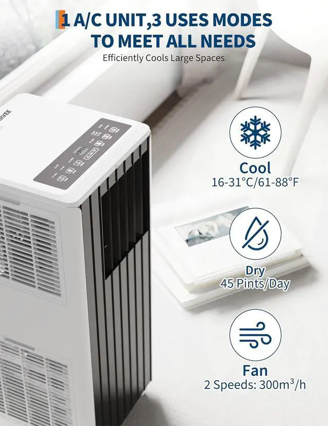 Alt view image 6 of 7 - 8000 BTU Portable Air Conditioner - 3 in-1 AC Unit Cools 350 Sq. Ft Rooms, Quiet 50 dB Operation w/Touch Control & Remote, Includes Window Kit & 24H Timer, Dehumidifier & Fan Modes for Bedroom, Black