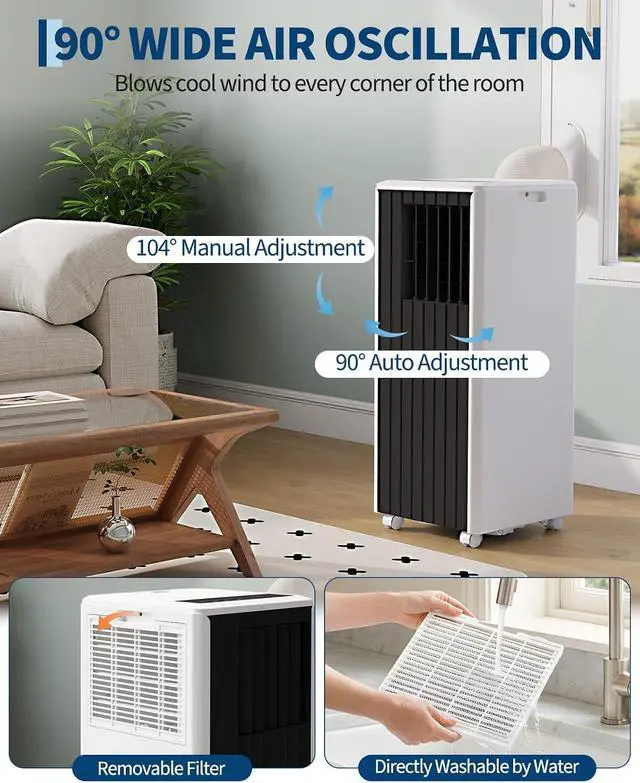 Alt view image 7 of 7 - 8000 BTU Portable Air Conditioner - 3 in-1 AC Unit Cools 350 Sq. Ft Rooms, Quiet 50 dB Operation w/Touch Control & Remote, Includes Window Kit & 24H Timer, Dehumidifier & Fan Modes for Bedroom, Black