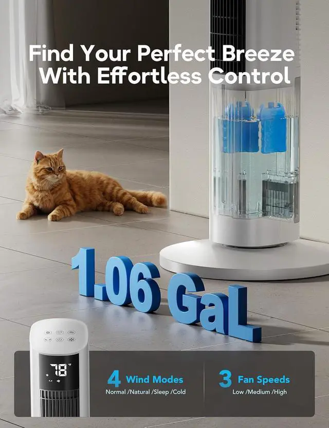 Alt view image 6 of 7 - Windowless Portable Air Conditioner, 45.1" Evaporative Air Cooler w/1.06Gal Water Tank & 4 Ice Packs, 12H Timer, 60° Swing, No Hose No Window Needed, 3-IN-1 Quiet AC Unit for Room Bedroom, ivory