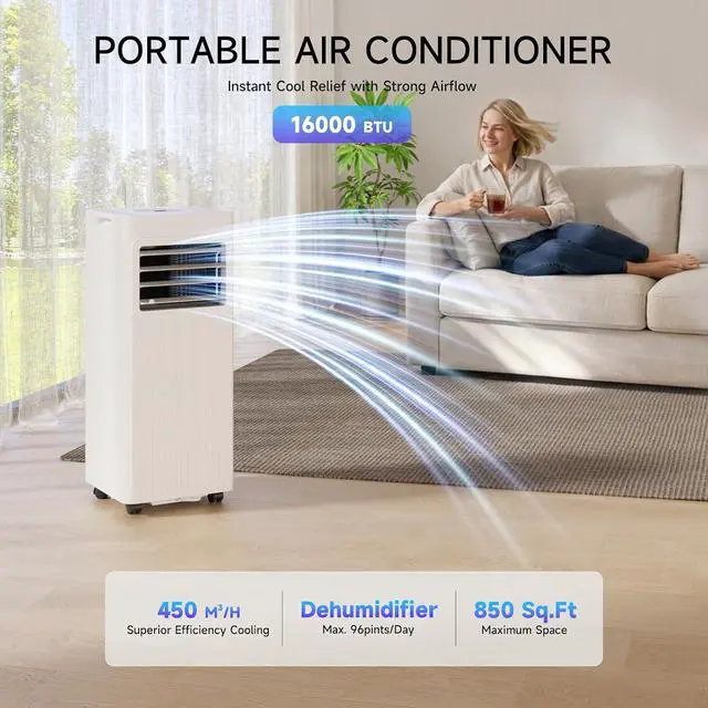 Alt view image 7 of 7 - Portable Air Conditioners 16,000 BTU 5-in-1 Air Conditioner Portable Up to 850 Sq.Ft., Portable AC Unit with Cool, Fan, Dehumidifier, 24H Timer, Sleep Smart WiFi Remonte Installation Kit Included