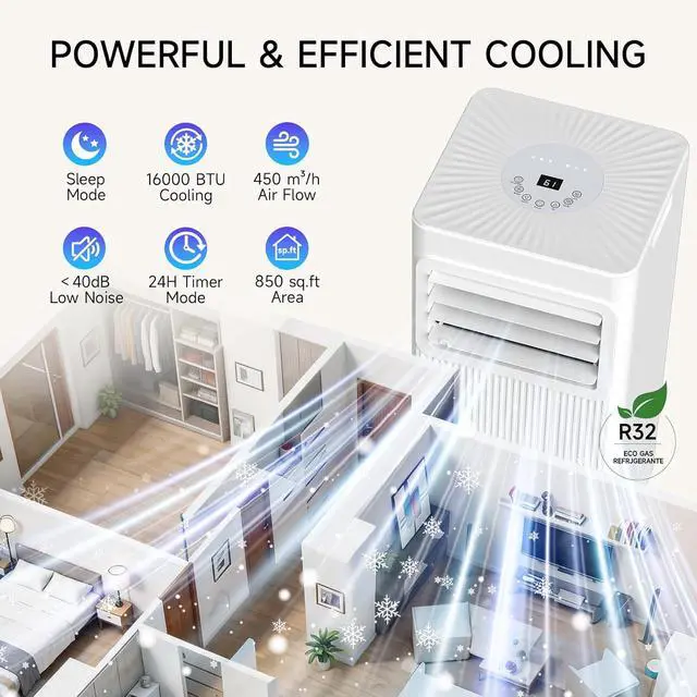 Alt view image 2 of 7 - Portable Air Conditioners 16,000 BTU 5-in-1 Air Conditioner Portable Up to 850 Sq.Ft., Portable AC Unit with Cool, Fan, Dehumidifier, 24H Timer, Sleep Smart WiFi Remonte Installation Kit Included