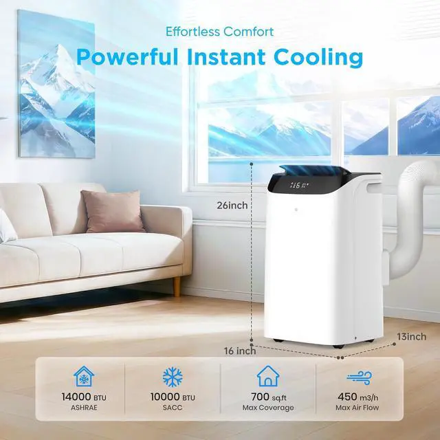 Alt view image 5 of 7 - 14,000 BTU Portable Air Conditioner Cools Up to 700 Sq.Ft, 3-IN-1 Energy Efficient Portable AC Unit with Remote Control & Installation Kits for Large Room, Campervan, Office, Temporary Space