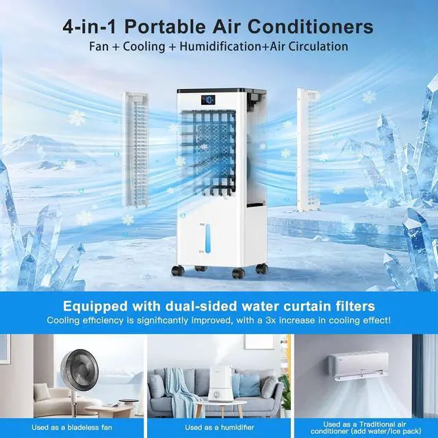 Alt view image 2 of 7 - Portable Air Conditioners,3-in-1 Evaporative Cooling Fans that Blow Cold Air, 4 Modes 3 Speeds, 12H Timer & Remote, 120°Oscillation, Windowless Portable AC Swamp Cooler w/ 8L Tank for Home Bedroom