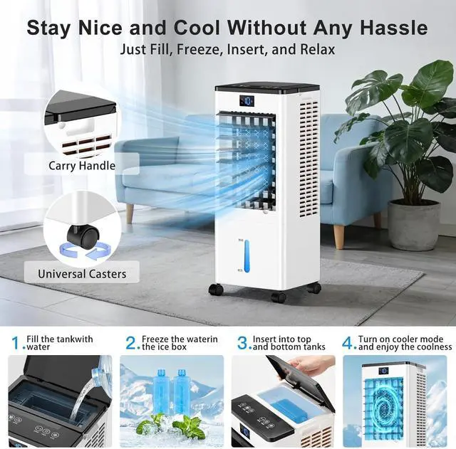 Alt view image 5 of 7 - Portable Air Conditioners,3-in-1 Evaporative Cooling Fans that Blow Cold Air, 4 Modes 3 Speeds, 12H Timer & Remote, 120°Oscillation, Windowless Portable AC Swamp Cooler w/ 8L Tank for Home Bedroom