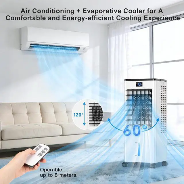 Alt view image 7 of 7 - Portable Air Conditioners,3-in-1 Evaporative Cooling Fans that Blow Cold Air, 4 Modes 3 Speeds, 12H Timer & Remote, 120°Oscillation, Windowless Portable AC Swamp Cooler w/ 8L Tank for Home Bedroom