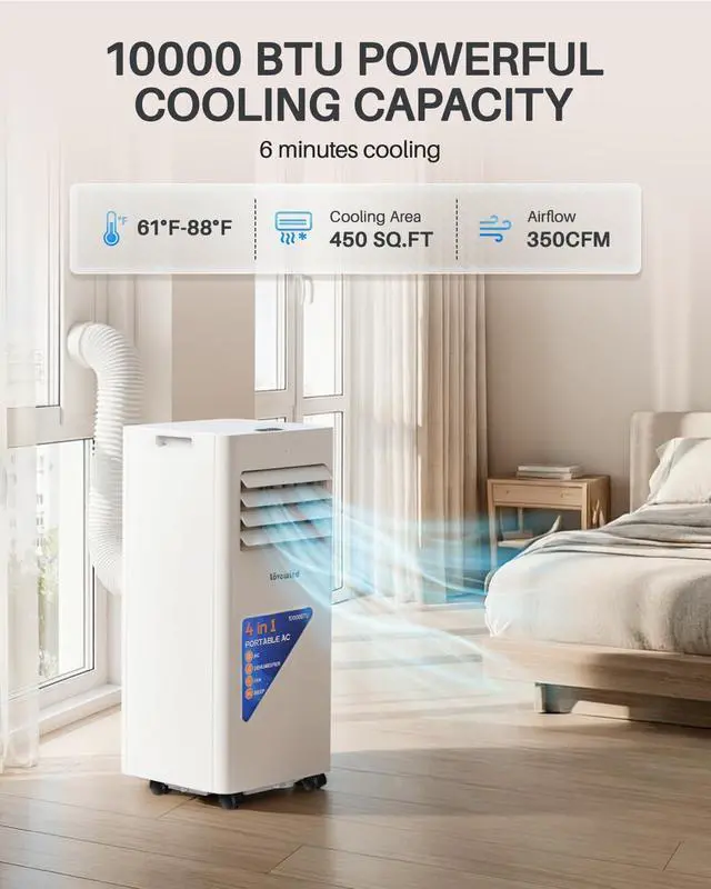 Alt view image 2 of 7 - Lovewind 10000 BTU Portable Air Conditioner,4-in-1 Room AC Unit for Bedroom | Cools to 63°F/Covers 450 sq ft/Installs in 10 Mins/4-in-1: Cool Fan Dry 24H Sleep Mode/Rolling Wheel