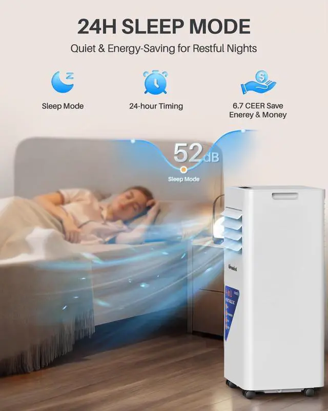 Alt view image 5 of 7 - Lovewind 10000 BTU Portable Air Conditioner,4-in-1 Room AC Unit for Bedroom | Cools to 63°F/Covers 450 sq ft/Installs in 10 Mins/4-in-1: Cool Fan Dry 24H Sleep Mode/Rolling Wheel