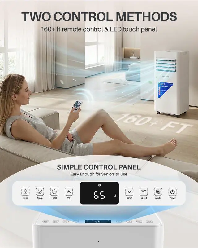 Alt view image 3 of 7 - Lovewind 10000 BTU Portable Air Conditioner,4-in-1 Room AC Unit for Bedroom | Cools to 63°F/Covers 450 sq ft/Installs in 10 Mins/4-in-1: Cool Fan Dry 24H Sleep Mode/Rolling Wheel