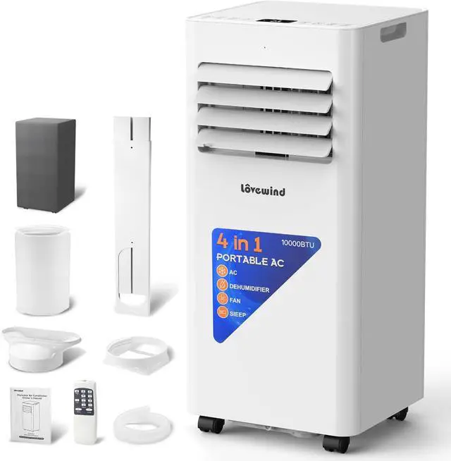 Main image of Lovewind 10000 BTU Portable Air Conditioner,4-in-1 Room AC Unit for Bedroom | Cools to 63°F/Covers 450 sq ft/Installs in 10 Mins/4-in-1: Cool Fan Dry 24H Sleep Mode/Rolling Wheel