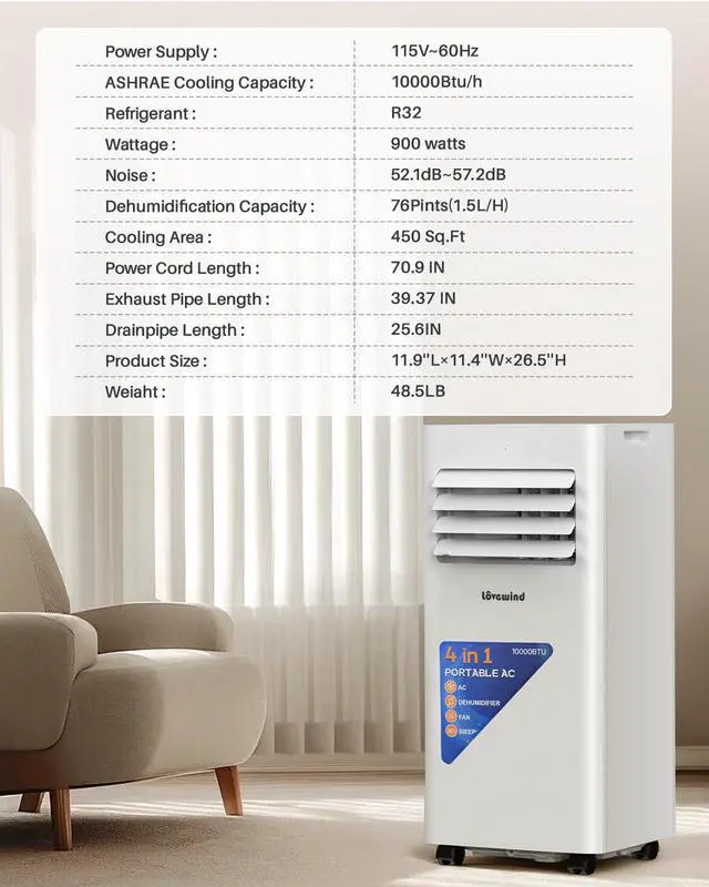 Alt view image 7 of 7 - Lovewind 10000 BTU Portable Air Conditioner,4-in-1 Room AC Unit for Bedroom | Cools to 63°F/Covers 450 sq ft/Installs in 10 Mins/4-in-1: Cool Fan Dry 24H Sleep Mode/Rolling Wheel