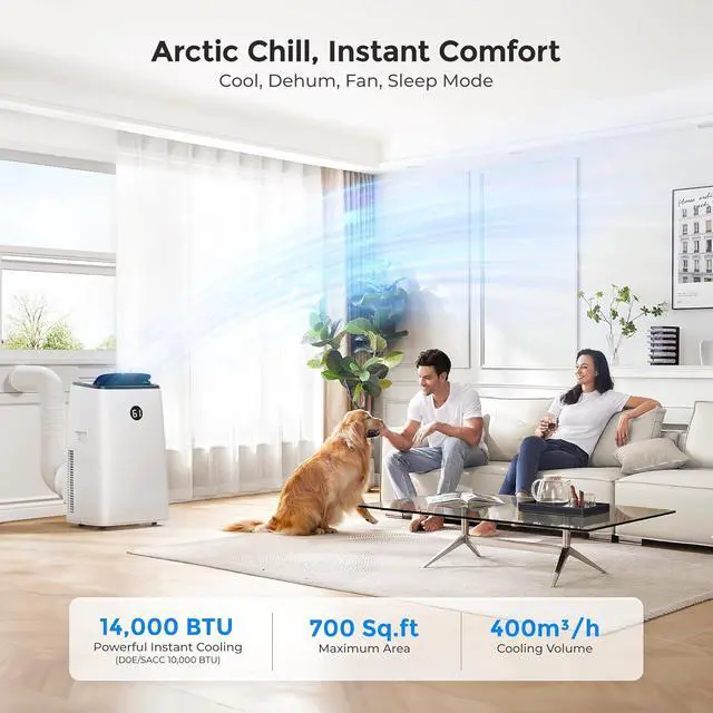 Alt view image 3 of 7 - 14000 BTU Portable Air Conditioner for Large Room up to 700 Sq. Ft, 3-in-1 Self-Evaporating AC with Fan & Dehumidifier, Floor Standing Portable AC Unit with Remote Control, Auto Swing, White