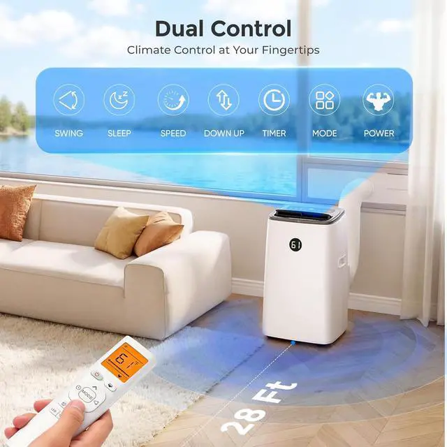 Alt view image 4 of 7 - 14000 BTU Portable Air Conditioner for Large Room up to 700 Sq. Ft, 3-in-1 Self-Evaporating AC with Fan & Dehumidifier, Floor Standing Portable AC Unit with Remote Control, Auto Swing, White