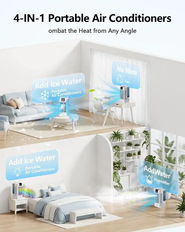 Alt view image 4 of 7 - Portable Air Conditioners, 2000ML Personal Air Conditioner, Mini Air Conditioner, Evaporative Air Cooler Fan with 120° Oscillation, 7 RGB Light Modes, 4 Speeds & 1-8H Timer for Bedroom Office